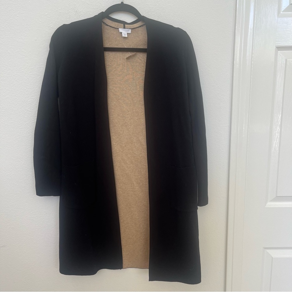 NWT J JILL XS Long Open Front Cardigan Black Tan Soft Knit Long Sleeve Holidays!